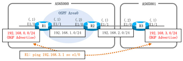 基本的なBGPの設定。AS65000とAS65001を作成しお互いのルートをBGPでアドバタイズ。