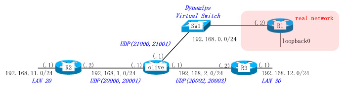 UDPを使用し、Juniper JUNOS(Olive)とDynamips上のCiscoルータ及び実機のCiscoルータを接続し、OSPFによりルート情報の交換を行います。